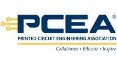 Logo der „PRINTED CIRCUIT ENGINEERING ASSOCIATION“ in dunkelblau und gelb, darunter steht in kursiv „Collaborate - Educate - Inspire“.