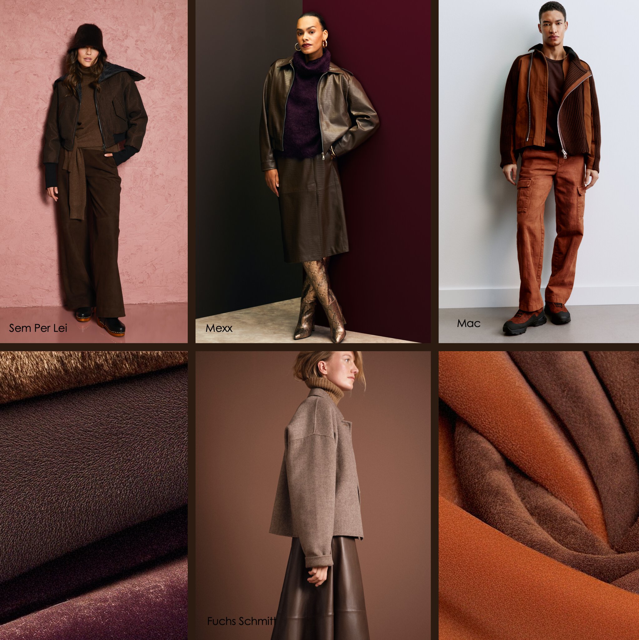 Modemodelle in stilvollen braunen Outfits mit Nahaufnahmen von Stoffen, die jeweils mit Designernamen beschriftet sind.