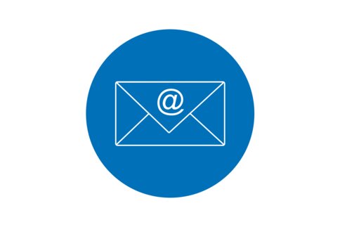 White e-mail icon on a blue circle background.