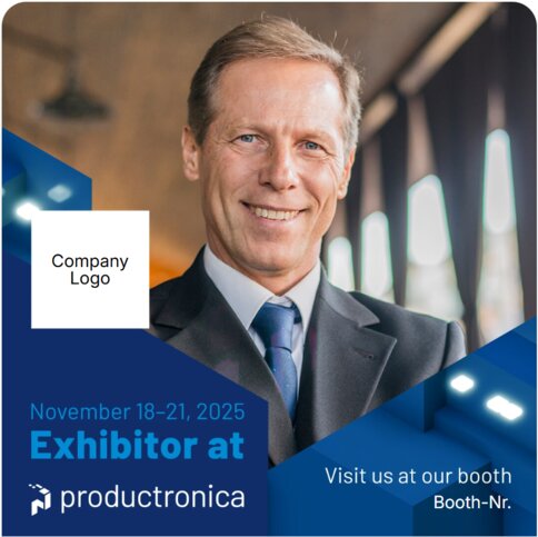 Example image for a productronica invitation template with a man, a space for the company logo and the trade fair dates.