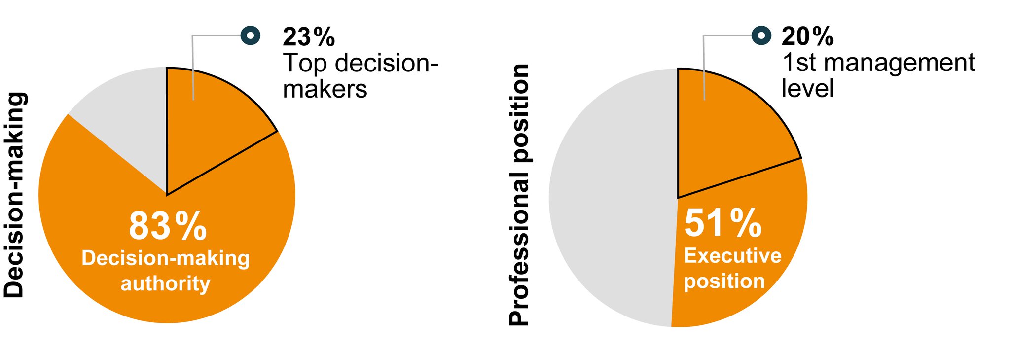 Two pie charts showing the proportions of decision-makers and professional positions, including senior management and key decision-makers.