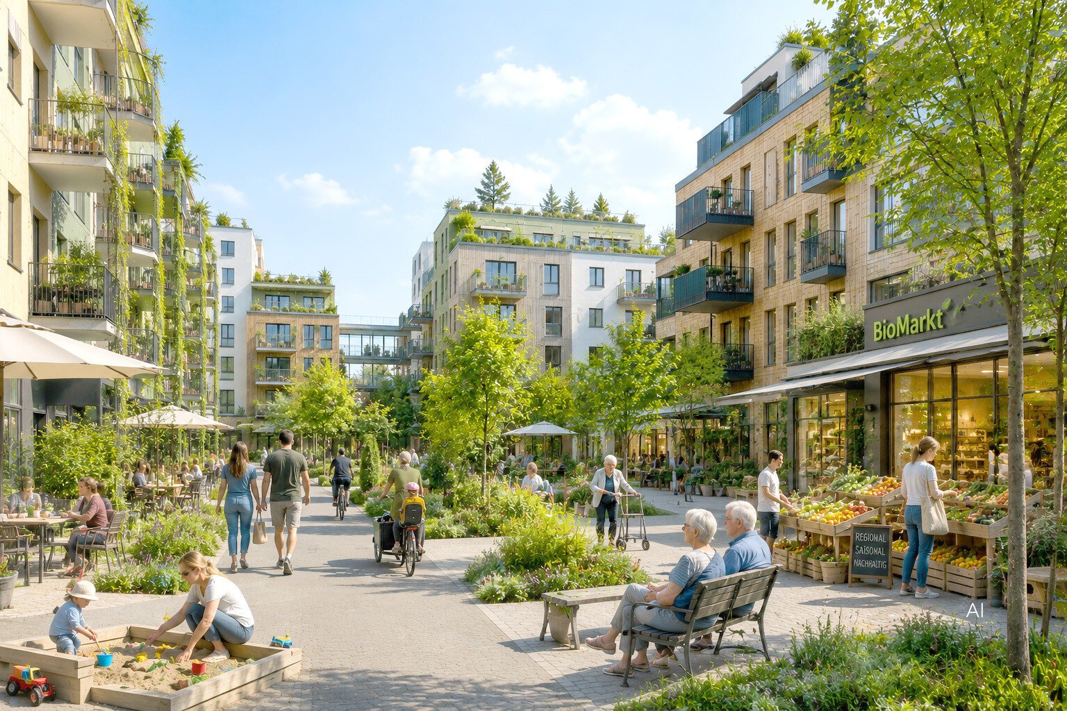 A green urban neighborhood with a sandbox, shops, and a sidewalk where people of all ages stroll between the residential buildings.