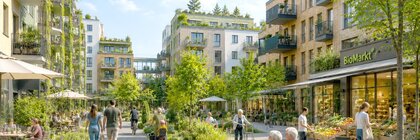 A green urban neighborhood with a sandbox, shops, and a sidewalk where people of all ages stroll between the residential buildings.
