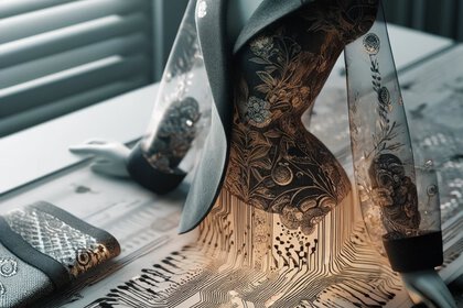 An AI-generated image of an upper body wearing a suit made of a floral pattern that fades downwards into glowing circuits.