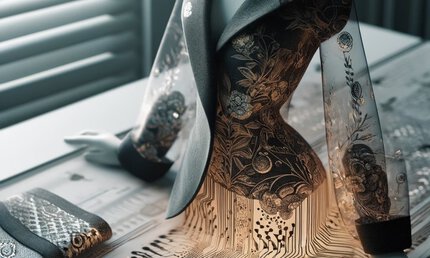 An AI-generated image of an upper body wearing a suit made of a floral pattern that fades downwards into glowing circuits.