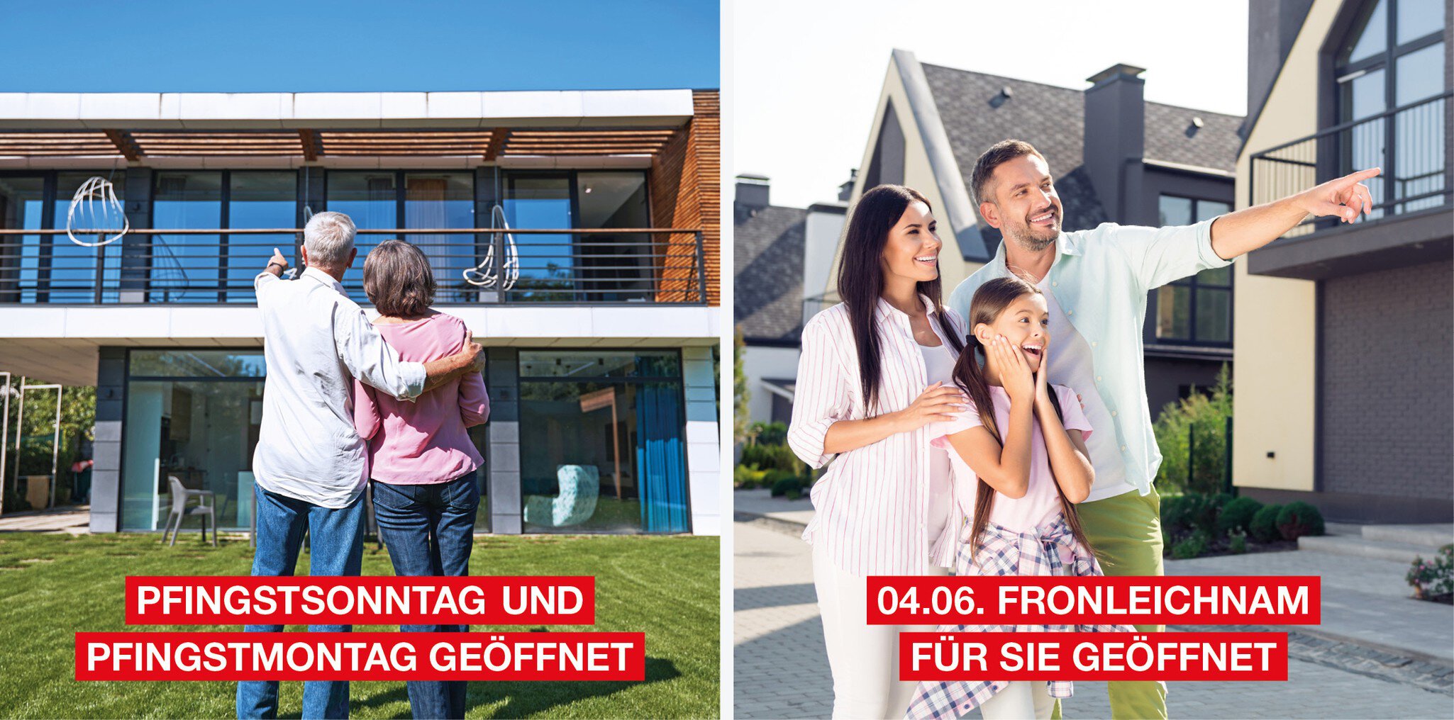 Links: Ein Paar umarmt sich vor einem modernen Haus mit Text 