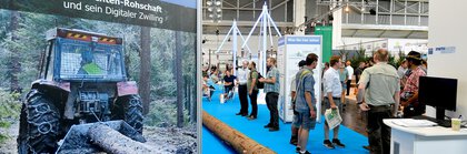  Stand with tree trunk and blue carpet, on which several visitors to INTERFORST are standing. The focus is on a poster about the 