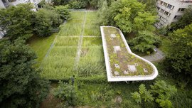  Green roofs and facades of various residential and building complexes, surrounded by lush vegetation and urban greenery, as examples of sustainable architecture and nature-oriented urban design.