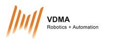 The VDMA Robotics + Automation logo in black lettering with six orange lines slanting upwards, reminiscent of a stylised bow tie.