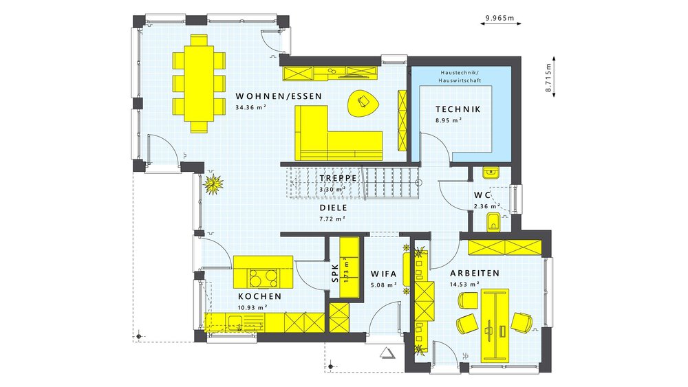 Grundriss mit deutschsprachigen Raumbezeichnungen: Wohnen/Esszimmer, Küche, WC, Büro, Hauswirtschaftsraum, Treppenhaus und Flur.