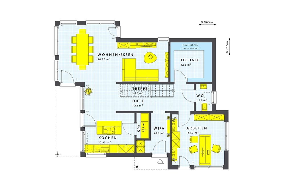 Grundriss mit deutschsprachigen Raumbezeichnungen: Wohnen/Esszimmer, Küche, WC, Büro, Hauswirtschaftsraum, Treppenhaus und Flur.