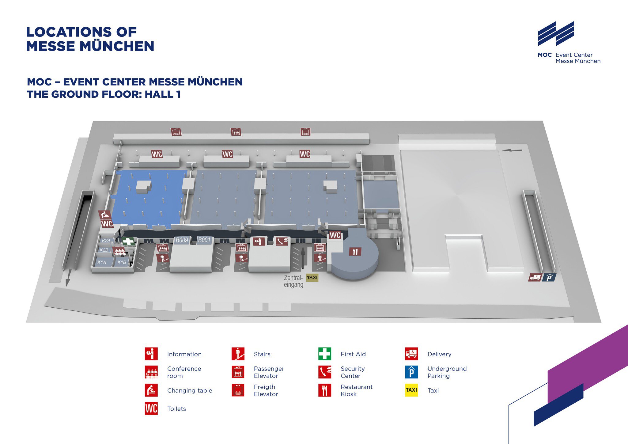 A 3D map of Hall 1 at the MOC Event Center of Messe München, showing labeled rooms, entrances, restrooms, stairs, elevators, and symbols for facilities at the bottom of the map.