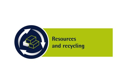 “Resources and recycling” lettering in dark blue on green. To the left is a blue circle with stacked boxes in a circular symbol.