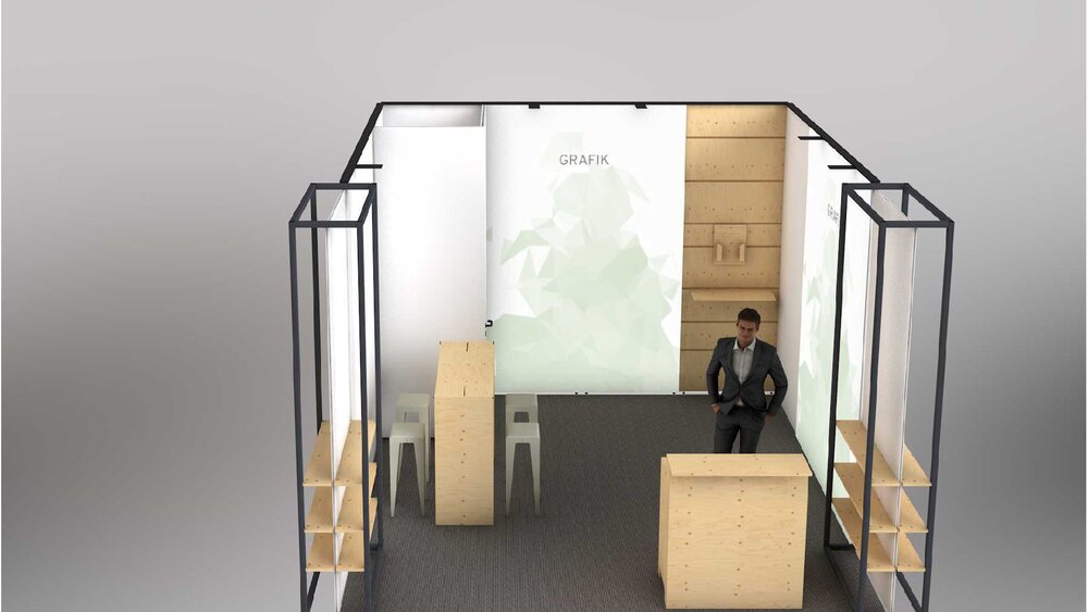 3D rendering of a row of stands featuring a storage room, partition walls, display areas and a wooden table with stools.