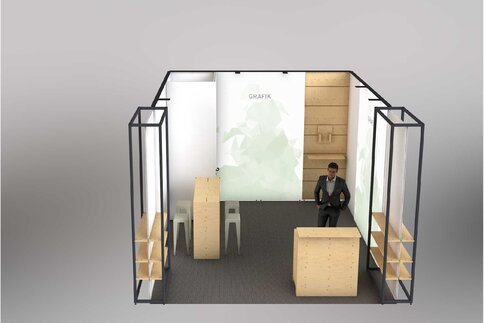 3D rendering of a row of stands featuring a storage room, partition walls, display areas and a wooden table with stools.