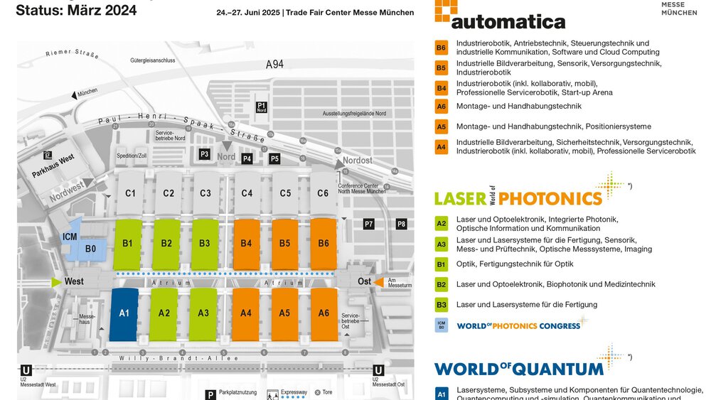 Karte der Messe München zur automatica 2025 mit hervorgehobenen Hallen und Standorten für verschiedene Veranstaltungen und Branchen.