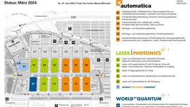 Karte der Messe München zur automatica 2025 mit hervorgehobenen Hallen und Standorten für verschiedene Veranstaltungen und Branchen.