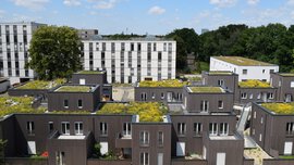  Green roofs and facades of various residential and building complexes, surrounded by lush vegetation and urban greenery, as examples of sustainable architecture and nature-oriented urban design.