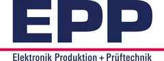 Logo von „EPP“ in fetter blauer Schrift, darunter „Elektronik Produktion + Prüftechnik“ und ein langer roter Strich zwischen beiden Zeilen.