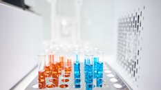 Test tubes stand in a holder. They are filled with a liquid - one part bright orange, one part bright blue.