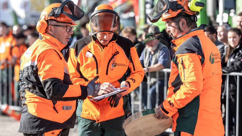Drei Forstmitarbeiter in orangefarbener Schutzkleidung und Helmen begutachten ein Holzstück.