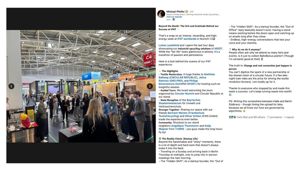 LinkedIn-Beitrag von MOOT mit einer gut besuchten Führung in der IFAT Munich Startup Area.