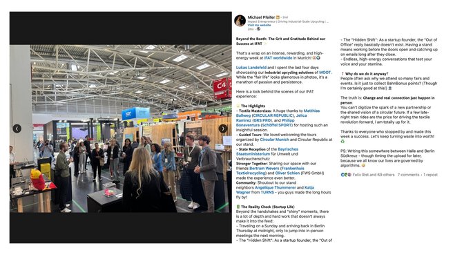 LinkedIn-Beitrag von MOOT mit einer gut besuchten Führung in der IFAT Munich Startup Area.