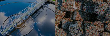 Bildcollage mit einem Klärbecken und Ballen von recyceltem Plastikmüll