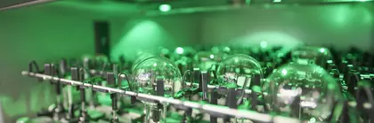 Nahaufnahme: Rundkolben stehen auf den Kopf gestellt in einer grün beleuchteten Spülmaschine für Laborutensilien.