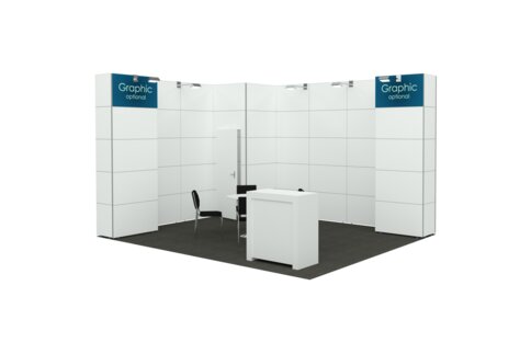 Exhibition stand with white walls, a black chair, a table and a counter.
