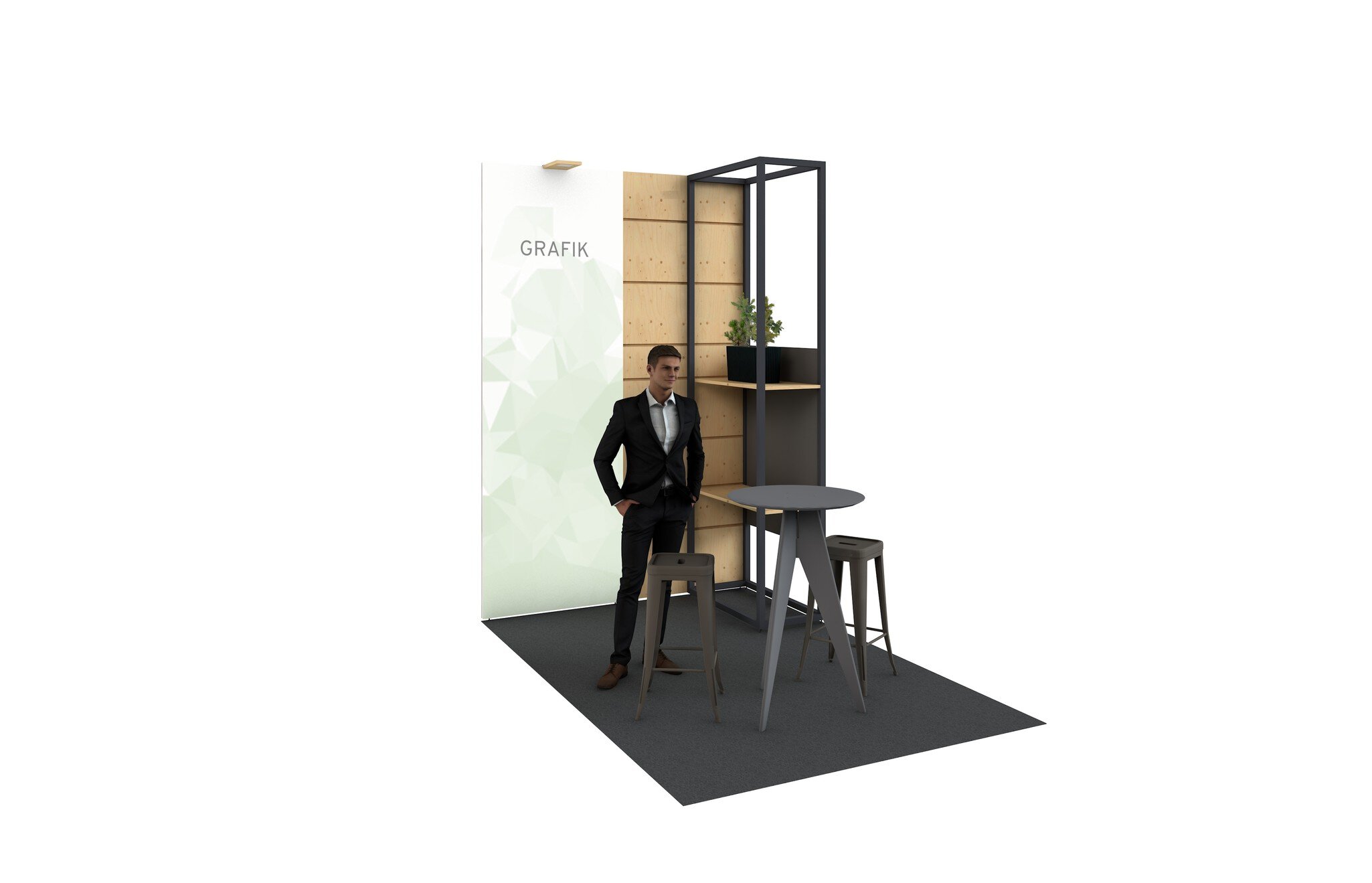 3D-Darstellung eines einfachen Messestandes mit einer Ausstellerwand mit Platz für eine Grafik, einem Regal, einem Tisch und zwei Hockern.