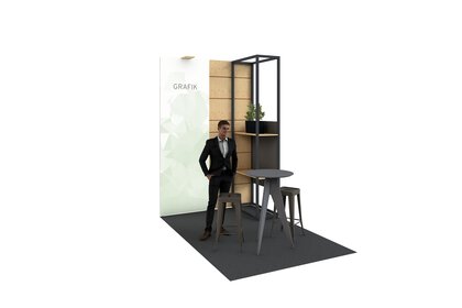 3D rendering of a simple exhibition stand featuring an exhibition wall with space for a graphic, a shelf, a table and two stools.