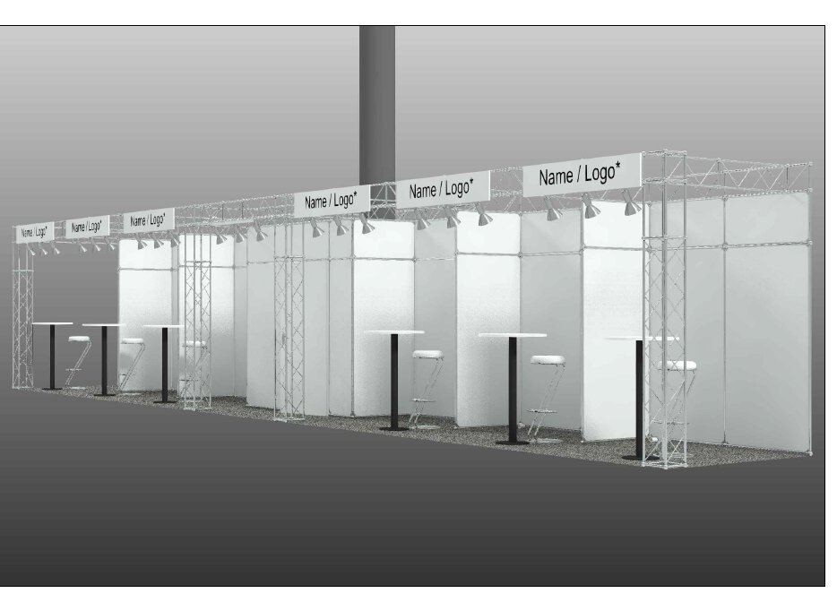Rendered view of 6 small exhibition stands in a row. The stands are each equipped with tables, lighting and a sign above the stand.