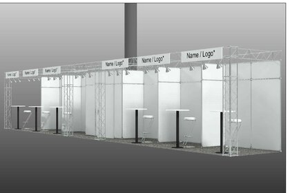 Gerenderte Ansicht von 6 kleinen Messeständen in einer Reihe. Die Stände sind jeweils mit Tischen, Beleuchtung und einem Schild über dem Stand ausgestattet.