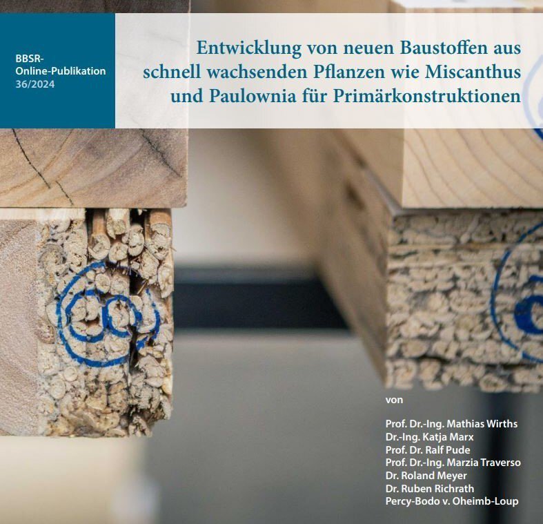 Nahaufnahme von Holzwerkstoffblöcken mit detailliertem Text zu einer Forschungsveröffentlichung zu Baumaterialien.