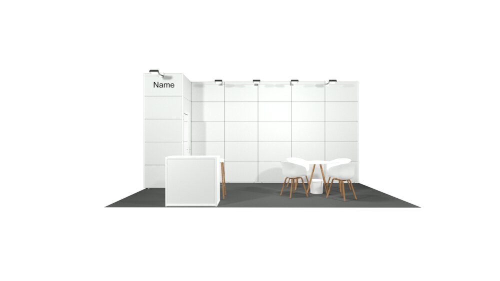 3D model of a white exhibition stand with a consultation counter and a round table with four chairs. A logo is printed on the back wall at the top left.