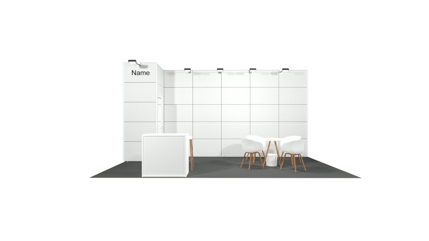 3D model of a white exhibition stand with a consultation counter and a round table with four chairs. A logo is printed on the back wall at the top left.