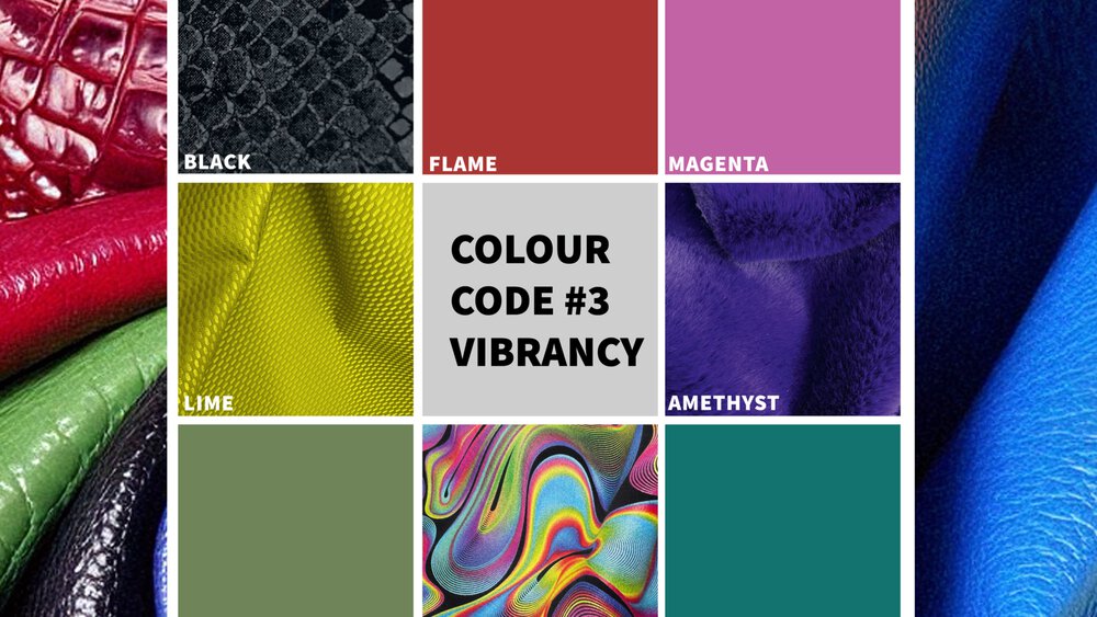 Ein Farbpalettenraster mit der Bezeichnung Colour Code #3 Vibrancy mit Ledertexturen und acht leuchtenden Farbmustern.