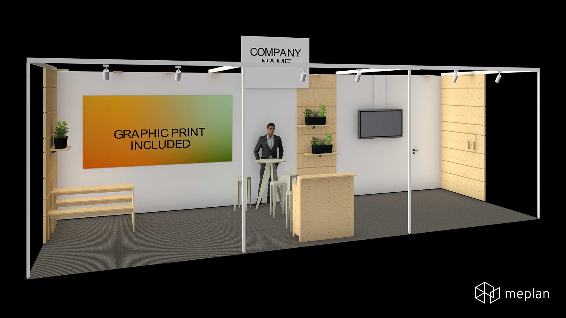 3d Ansicht eines breiten Messestands mit bedruckter Rückwand, TFT, Logoschild, Regal und Sitzgelegenheiten.