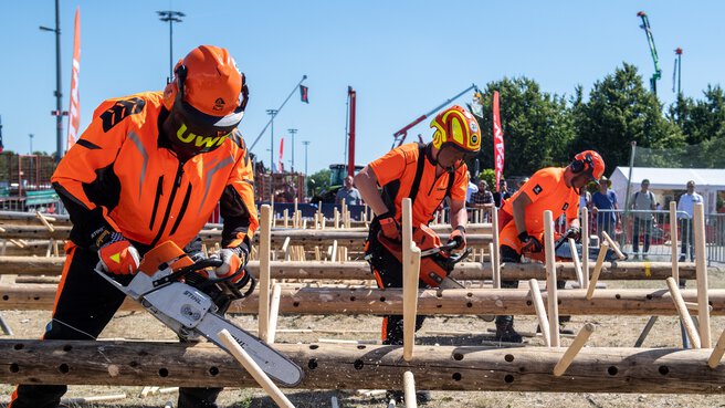 Drei Männer in orangefarbener Ausrüstung schneiden bei der INTERFORST im Freien mit Kettensägen Holzstücke ab, die in liegende Baumstämme gesteckt wurden.