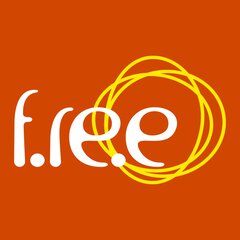 White text “free” with yellow swirling lines on an orange background.