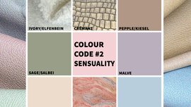 Ein Moodboard mit weichen, strukturierten Stoffmustern in Pastell- und neutralen Farben, beschriftet mit den jeweiligen Namen.