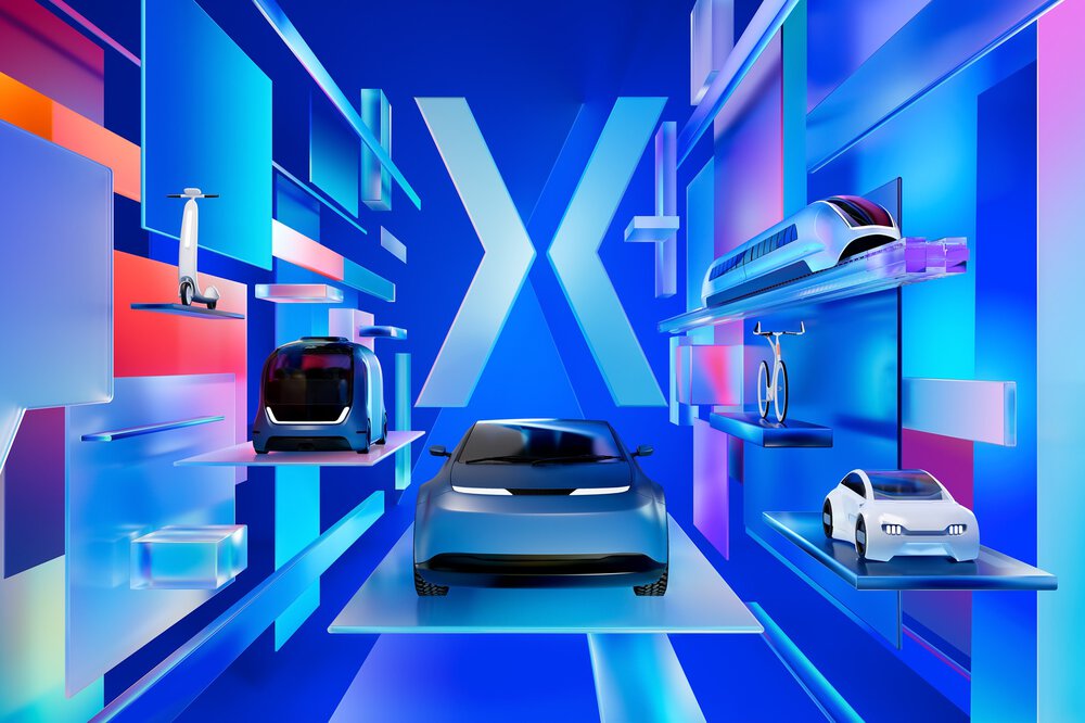 Digitally animated cars, scooters, bicycles, minibuses and trains on a virtual exhibition area. The predominant colour is blue.