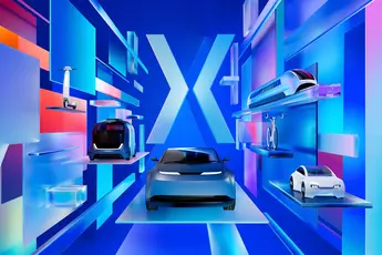 Digitally animated cars, scooters, bicycles, minibuses and trains on a virtual exhibition area. The predominant colour is blue.