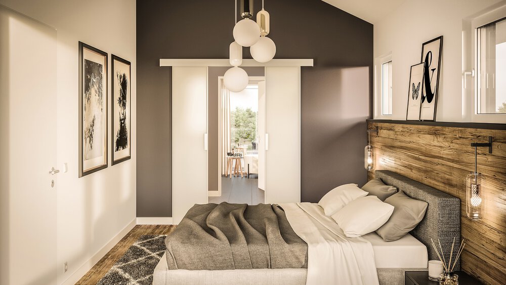 Modernes Schlafzimmer mit grauer Akzentwand, hölzernem Kopfteil, Hängelampen, gerahmten Kunstwerken und einer offenen Schiebetür.