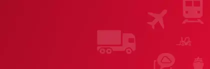 Red background gradient with various icons: A truck, an airplane, a train, a forklift, a ship and a laptop.