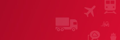 Red background gradient with various icons: A truck, an airplane, a train, a forklift, a ship and a laptop.