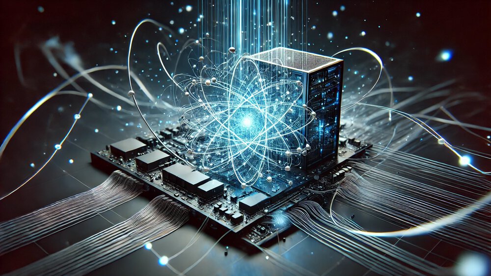3D graphic of a tiny circuit board in close-up with various lines and a blue symbol for atomic particles in the centre.