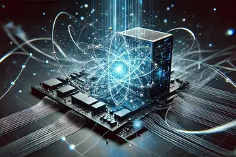 3D-Grafik einer winzigen Platine in Nahaufnahme mit diversen Leitungen und einem blauen Symbol für Atompartikel in der Mitte.
