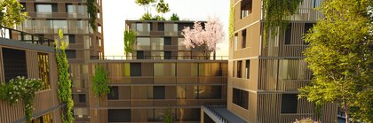 Hochwinkelansicht einer nachhaltigen grünen Büro- oder Wohnanlage